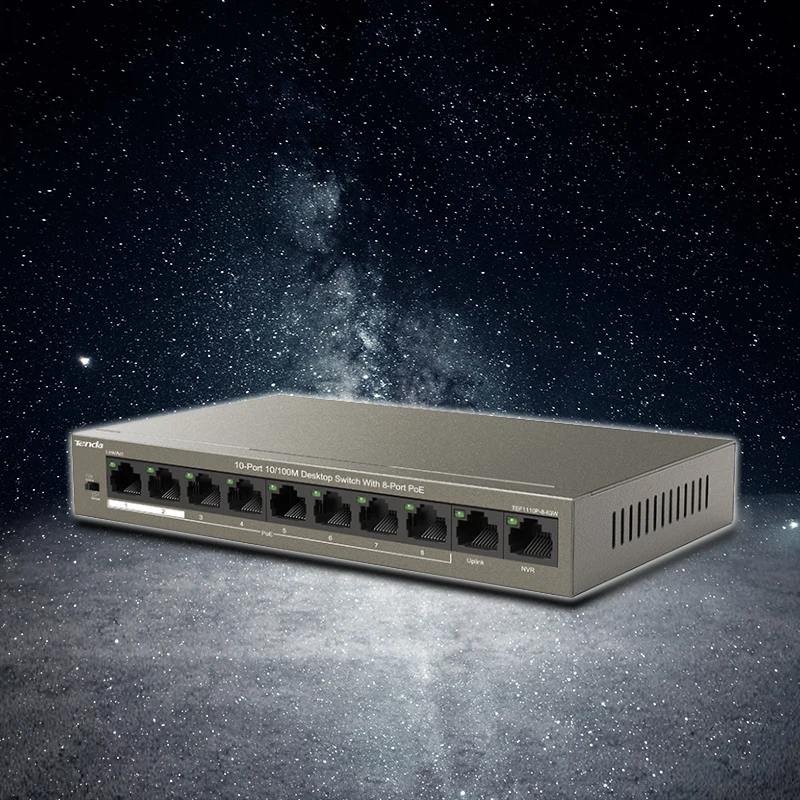 Tenda TEF1110P-8-63W Ethernet сетевой коммутатор Gigabit 8-Порты и разъёмы, 250 м дальнее расстояние стабильный PoE Питание, подключи и играй, Uplink NVR Порты и разъёмы