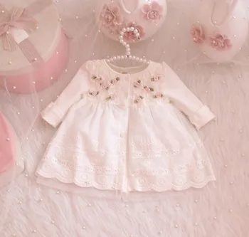 

2020Toddler Baby Girls Dress Long Sleeve Flower Pink Gray White Dresses Autumn Round Neck Lace Princess Party Prom Tulle Dresses