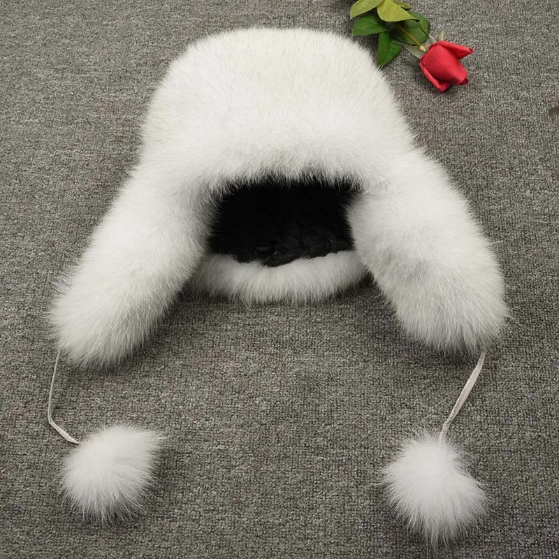 Natural White Зимняя теплая женская шапка из натурального меха, модная шапка-ушанка из натурального Лисьего меха, шапка-бомбер S7147B - Цвет: Natural White