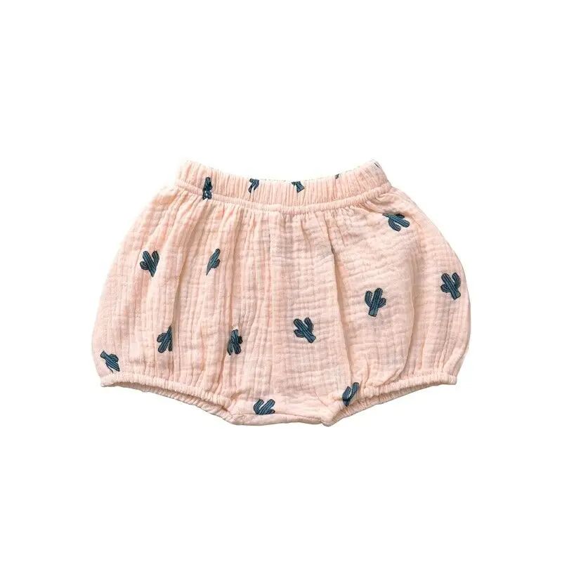 0-3T Newborn Baby Boy Girl Kids Shorts Bottoms Cartoon Print Elastic Waist PP Linen Bloomer Panties - Цвет: Pink Cactus