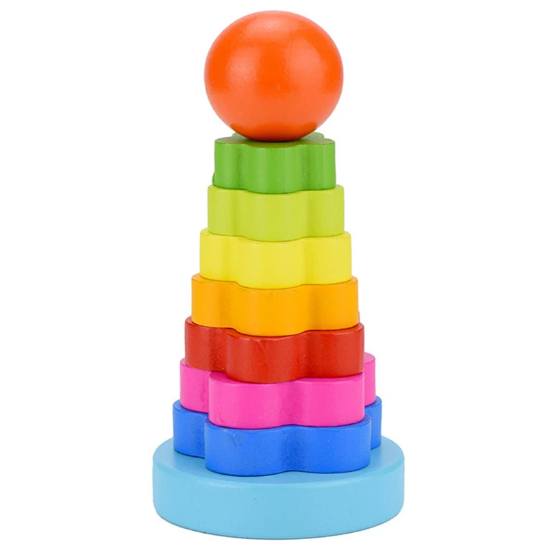 Kids Wooden Rainbow Puzzle Stacking Ring Tower Building Block Toy TS 