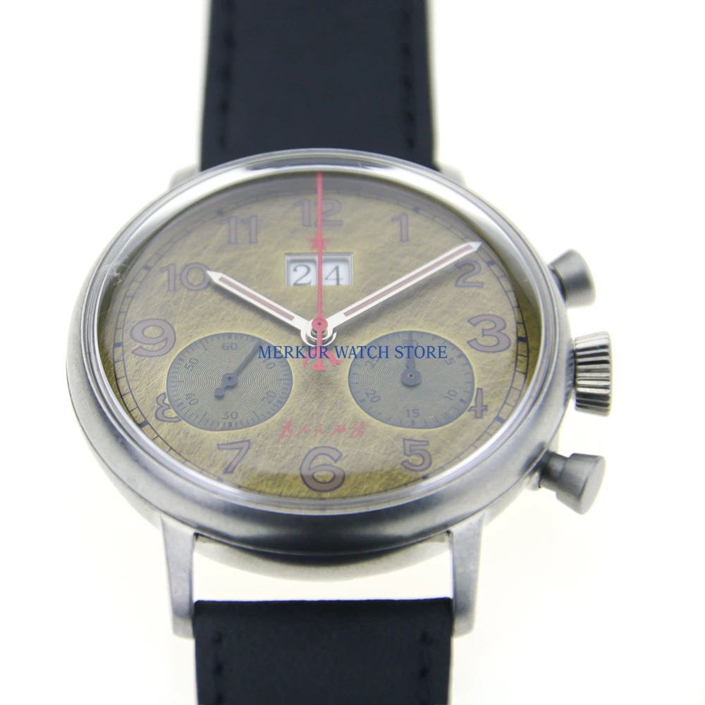 

Red Star Mens Big Date Pilot Watch Mechanical Chronograph For Seagull Movement Flieger B-uhr Serve the People Calendar