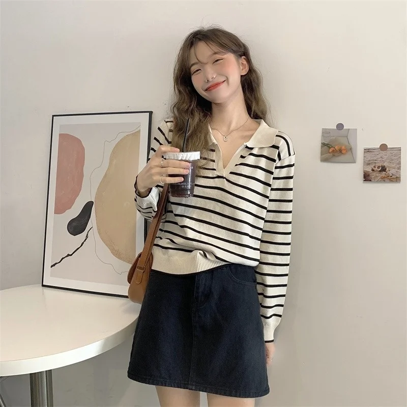 Small Early Autumn Women's 150 Loose All-match Polo Collar Striped Sweater V-neck Long-sleeved T-shirt Top Xs.Kio | Женская одежда