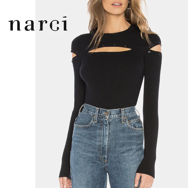 narci Black Sexy Long Sleeve Female Kintwear 2019 Autumn Winter Tops For Women Pullover Sweater Ladies With Buttoned Yoke | Женская