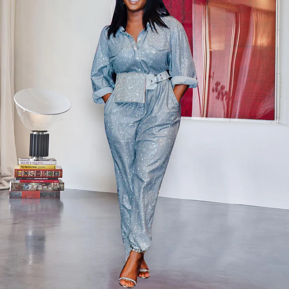 Sequins Jumpsuits Plus Size Women Long Sleeve Autumn Rompers African Loose High Waist Jumpsuit Button Pocket Playsuits