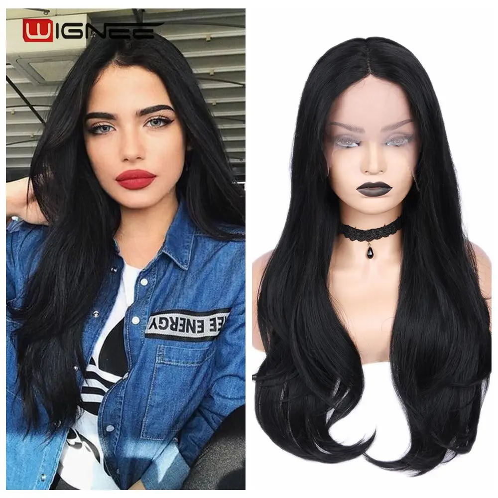 

Wignee Lace Front Synthetic Wig Long Black /Red Wavy Hair Heat Resistant For White Women Fiber Cosplay Hairline Middle Part Wigs