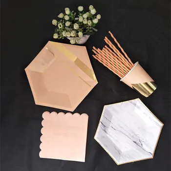 

8 Sets Pink Gold Hexagon Large Party Plates Party Tableware Cups Napkins for Wedding Birthday Engagement Bachelorette Party