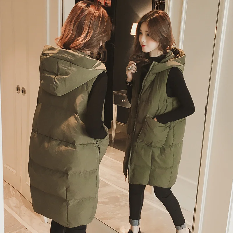 Длинная хлопковая куртка осенняя и зимняя Корейская версия одежды без рукавов куртка с капюшоном для студентов XA220K - Цвет: Green