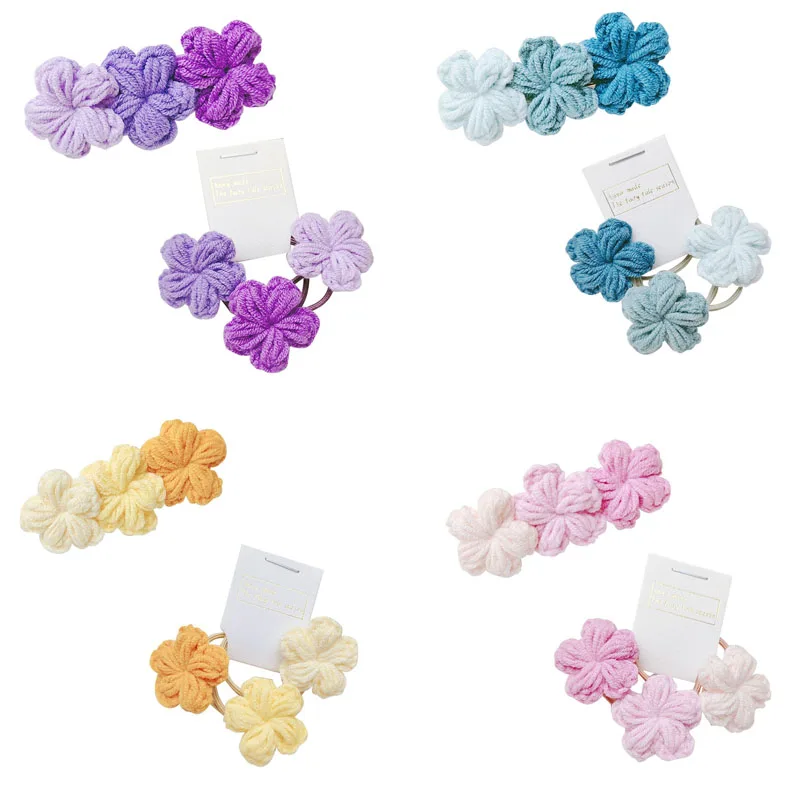 3 Pcs/Set Children Cute Knitting  Flower Hair Ornament  Set Girls Lovely Sweet Hairpins Kids Flower Elastic Band Hair Accessorie