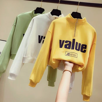 

New Spring Autumn High Collar Letter Short Pullovers Tops for Women High Waist Long Sleeve Casual Students Sweatshirts