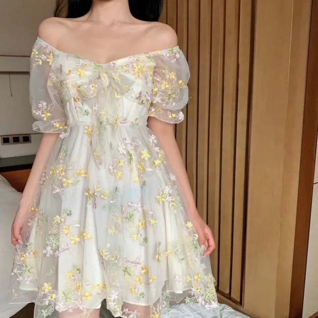 French Floral Dress Women Sexy Puff Sleeve Lace Chiffon Print Mini Dress Women Summer Korean Style Vintage Fairy Dress New 2020 1
