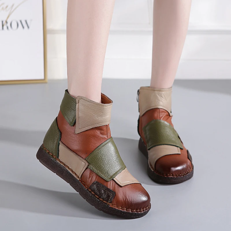 

2019 Shoes Women Genuine Leather Winter Flat Boots Fashion Casual Retro Patch Ladies Shoes Botas Mujer Female Ankle Boot 35-40