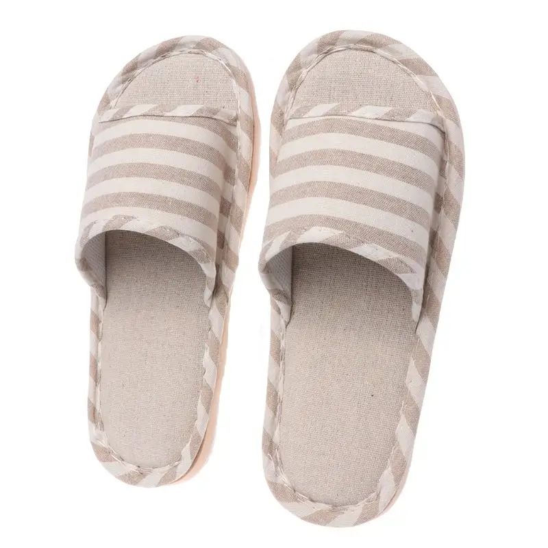 Adult Linen Striped Slippers Women House Summer Flax Shoes Indoor Floor Sandals F3MD