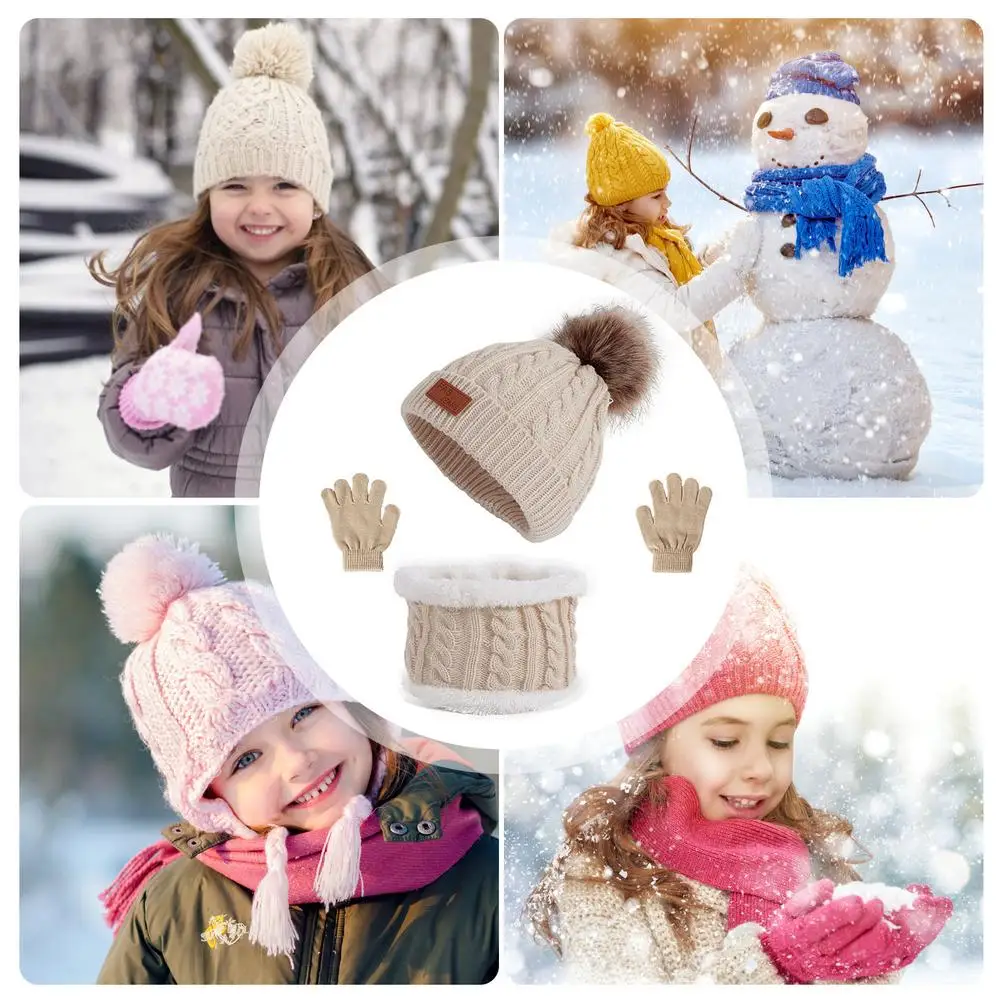 Toddler Winter Hat Scarf Hat And Gloves Set Toddlers Mittens 3Pcs Kids Winter Knitted Scarf Gloves Set For Girl Boys Ages