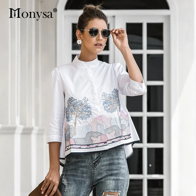 Embroidery Shirt Women Summer Autumn 2020 New Arrival Fashion 3/4 Sleeve Casual Blouses Ladies White Doll Shirt 1