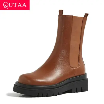 

QUTAA 2021 Cow Leather Slip on Women Shoes Casual Round Toe Ankle Boots Square High Heel Autumn Winter Ladies Pumps Size 34-39