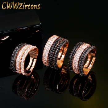 

CWWZircons Adjustable Size 3 Layers Black White CZ Stone 585 Rose Gold Color Open Rings Female Wedding Engagement Jewelry R165
