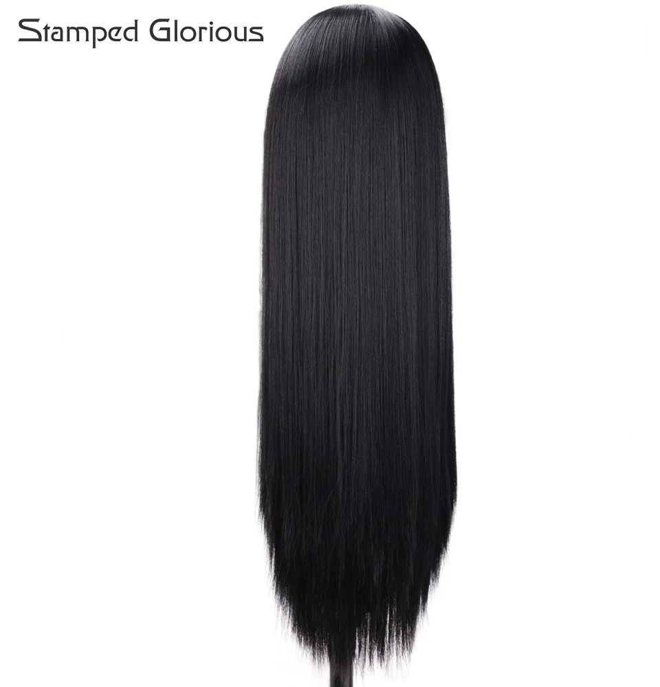 Штампованные славные 13*6 Кружева передние парики длинные прямые черные синтетические волосы Кружева передние парики для женщин синтетические термостойкие парики