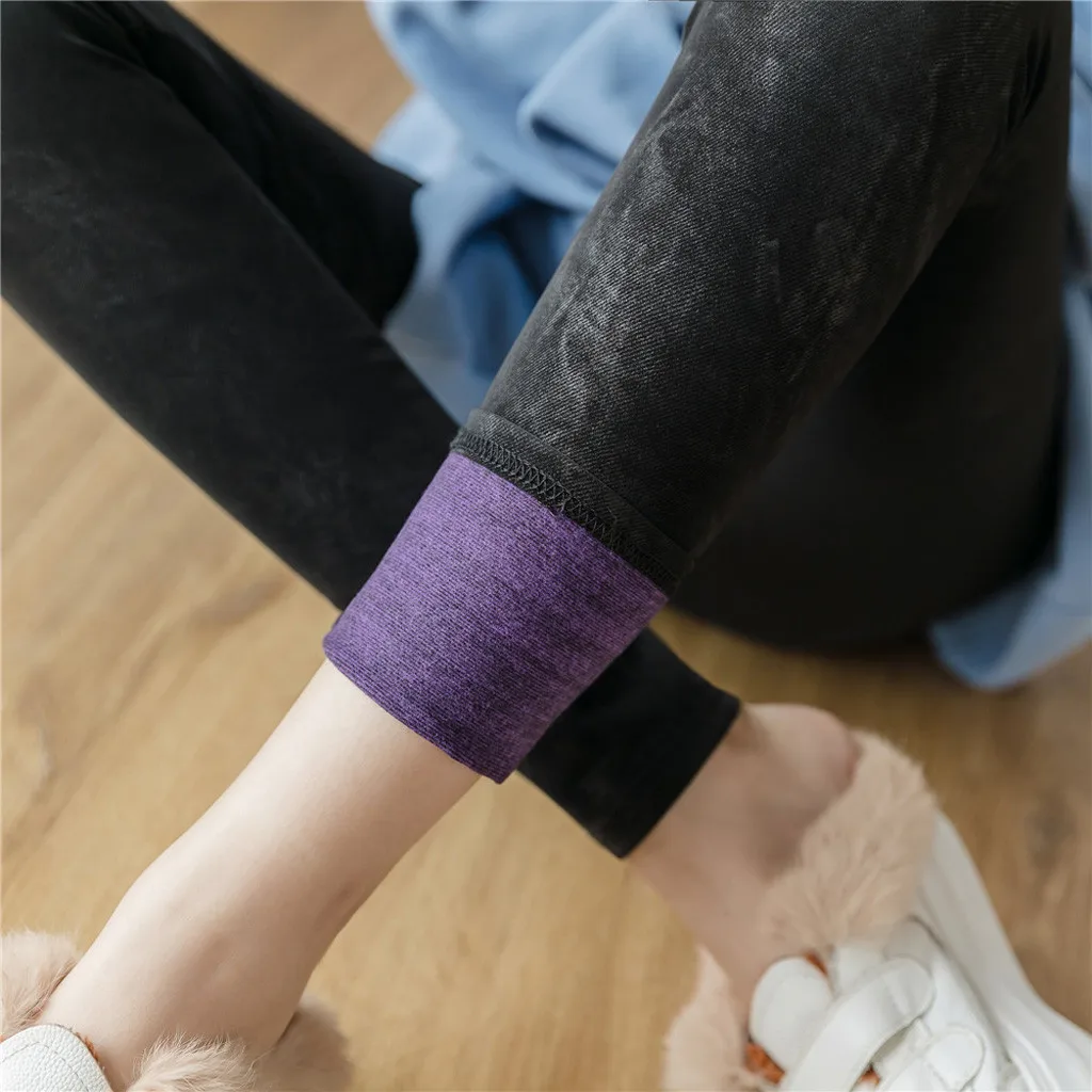 Женские леггинсы из искусственной джинсовой ткани с высокой талией эластичные штаны больших размеров штаны осень-зима теплые бархатные брюки