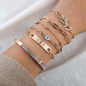 

Tocona 6pcs/sets Boho Gold Leaf Bangle for Women Shiny Crystal Stone Alloy Eyes Letter Bracelet Jewelry Accessories 9178