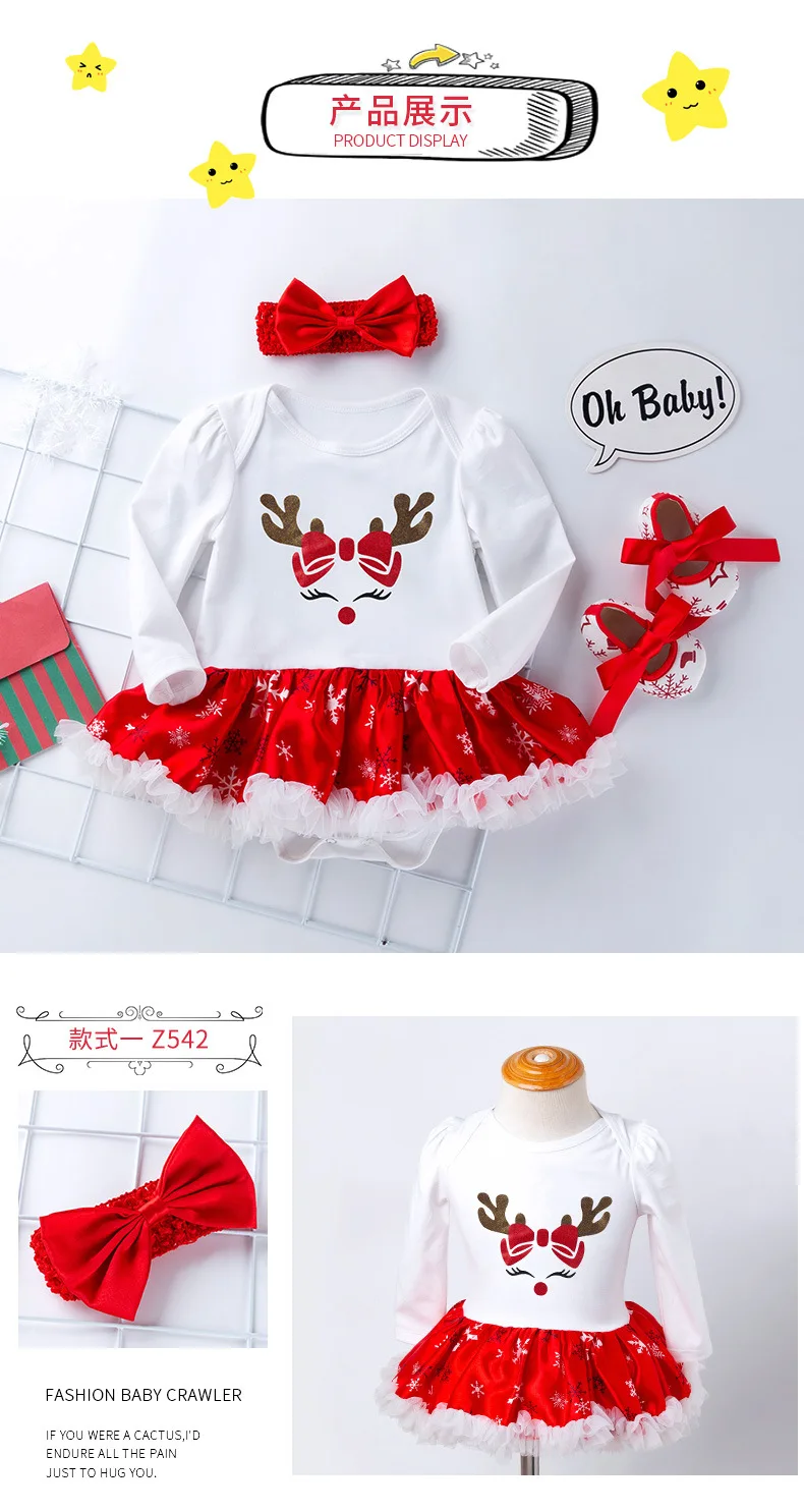 Infant Christmas Clothes 3pcs Sets Short Sleeves Baby Girls Clothes Newborn Rompers+Headband+Shoes New Year Gift Party Costumes