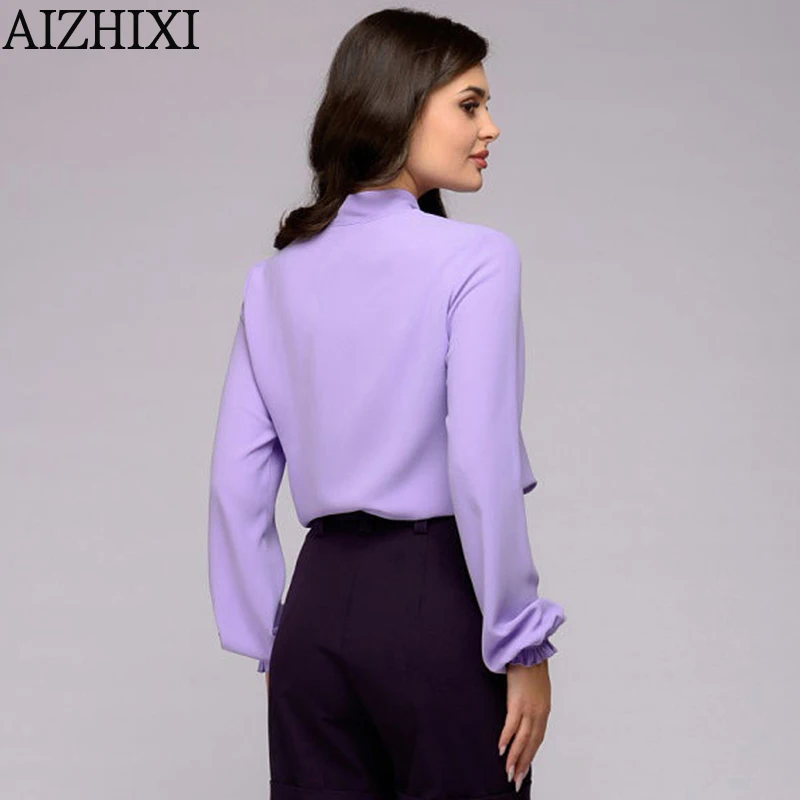AIZHIXI, женские шифоновые блузки с галстуком-бабочкой, весенне-летние однотонные повседневные рубашки, винтажные элегантные женские рубашки с длинным рукавом, топы, блузы