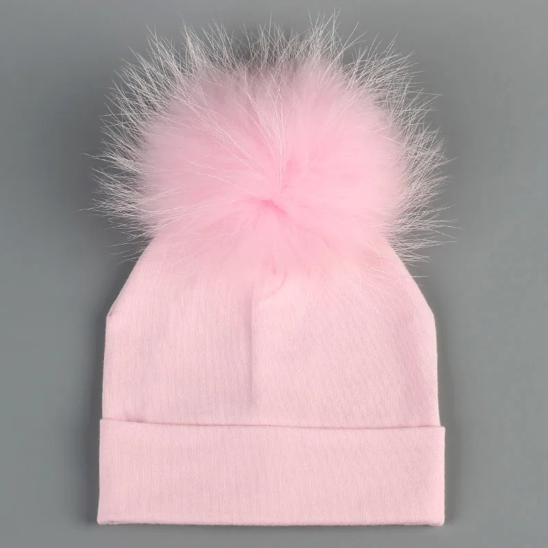 Мягкие теплые хлопковые шапочки Skullies Beanies для новорожденных мальчиков, Детские хлопковые шапочки с помпоном из натурального меха для девочек - Цвет: Pink Pink