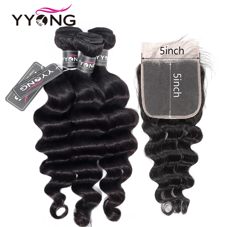 

Yyong Hair 5x5 Closure With Bundles Malaysian Loose Deep Wave Bundles With Closure 4pcs/Lot 28" Remy Hair Weft With Lace Closure