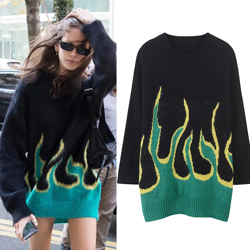 

2020 Autumn Winter New Kendo Same Korean Version of The Street Style Shirt Round Collar Color Flame Lazy Sweater Women Sweater