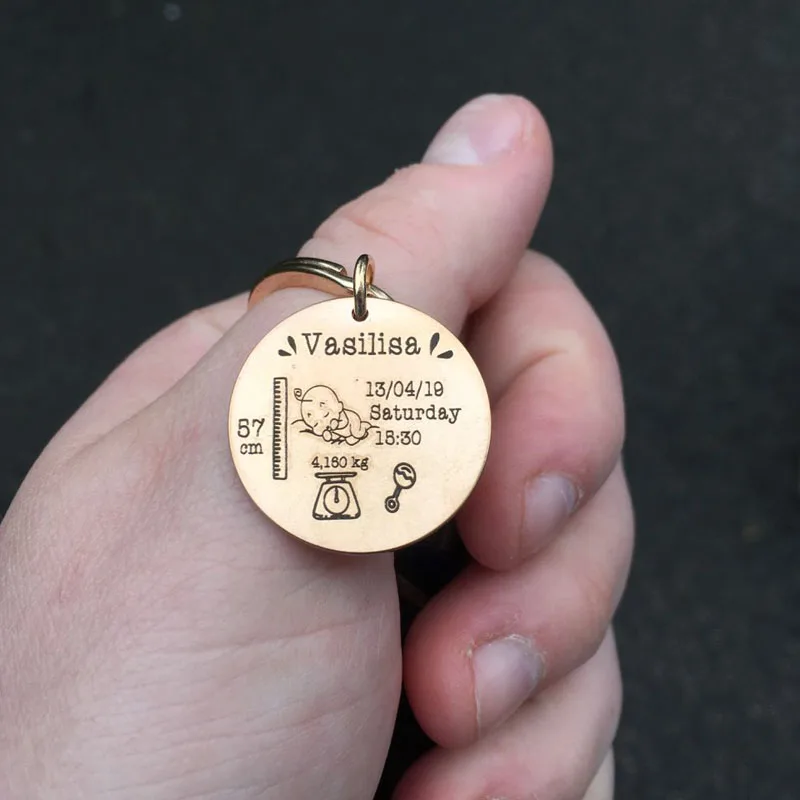 Персональный круглый брелок для нового ребенка, Подарок на годовщину рождения, памятное кольцо из нержавеющей стали