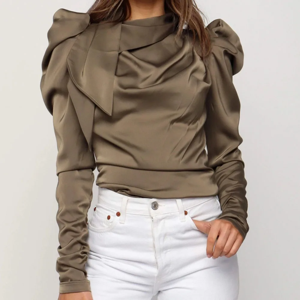 

Women Puff Long Sleeve Plain Turtleneck Slim Blouse Vintage Elegant Office Ladies Autumn Winter Female Top 2019 Retro Shirt