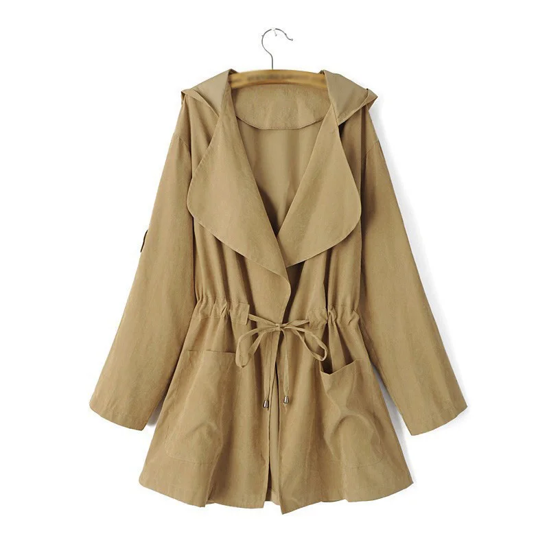 Женские куртки, повседневное пальто, средней длины, приталенное пальто с капюшоном, с отворотом, с длинным рукавом, тонкая ветровка, с карманами - Цвет: Khaki