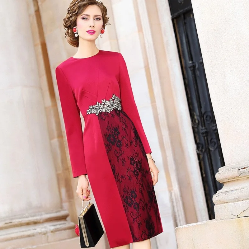 Lace dress Runway 2019 new Spring Superior quality Women Christmas Party Dress winter Vintage Long sleeves Splicing work dresses | Женская