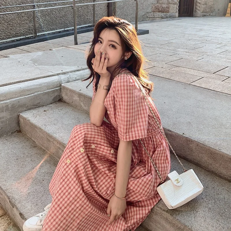 

Photo Shoot CHIC Literature And Art Retro Pink Plaid Long V-neck Single Breasted Waist Hugging Lace-up Big Hemline Dress Women's