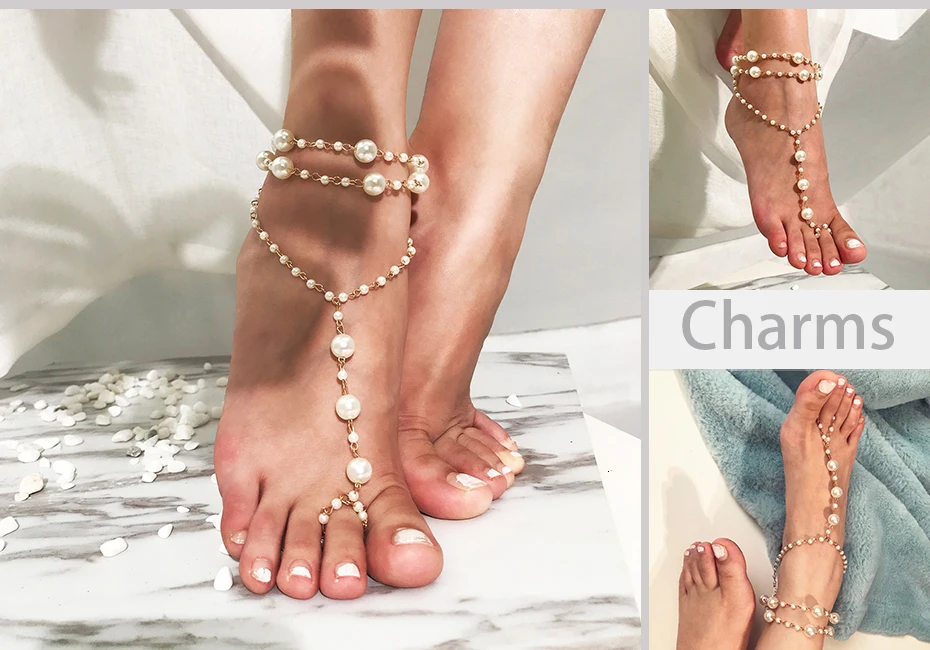 SHIXIN Boho очаровательные Многослойные жемчужные летние пляжные браслеты на щиколотке для женщин модная цепочка на ногу босиком бижутерия на палец ноги подарки