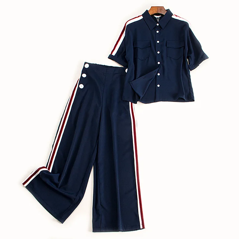 

New 2019 Summer Women OL Sets Female Tops With Pocket + Wide Leg Pants Two Pieces Set Ladies England Style Chiffon Suits