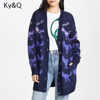 

2020 Women High Quality Cardigan V-neck loose dinosaur intarsia pattern wool sweater women's jacket
