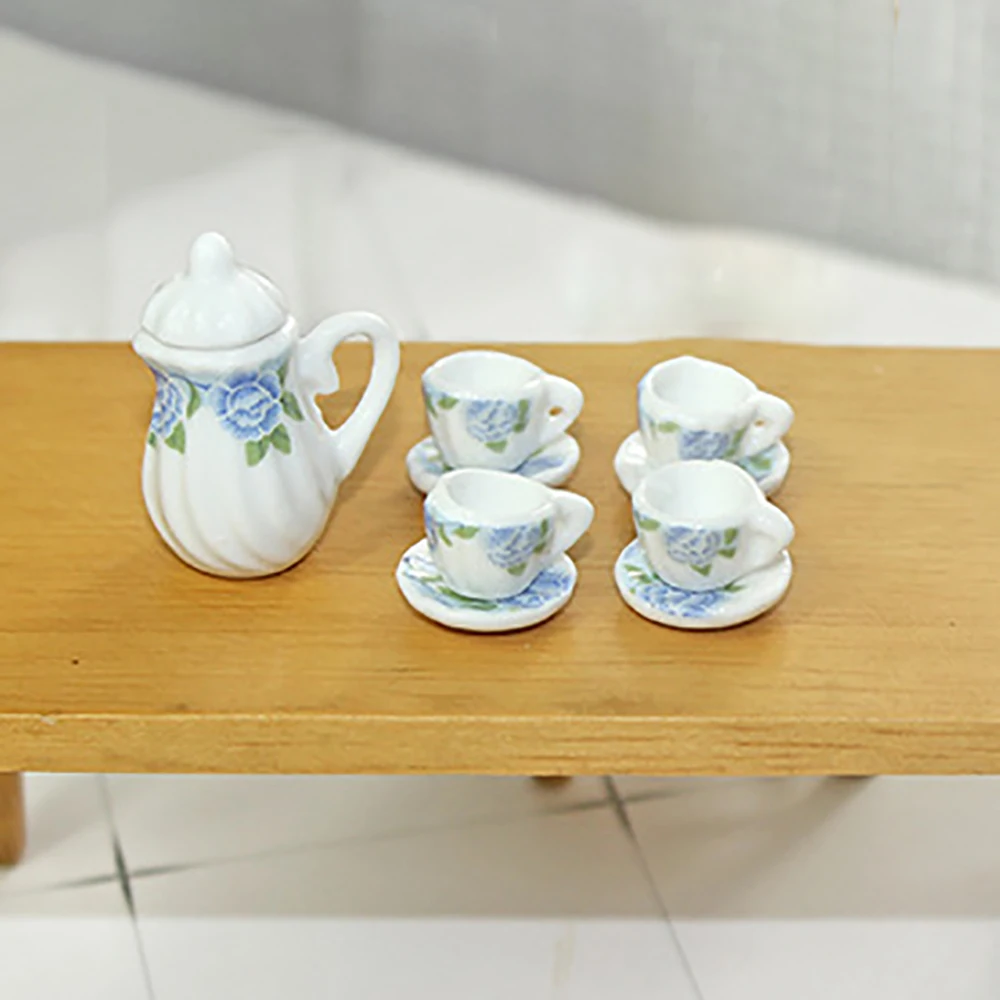 15Pcs 1/12 Dollhouse Miniature Accessories Mini Ceramics Tea Set Simulation Kettle Plate Cup Model Toy for Doll House Decoration