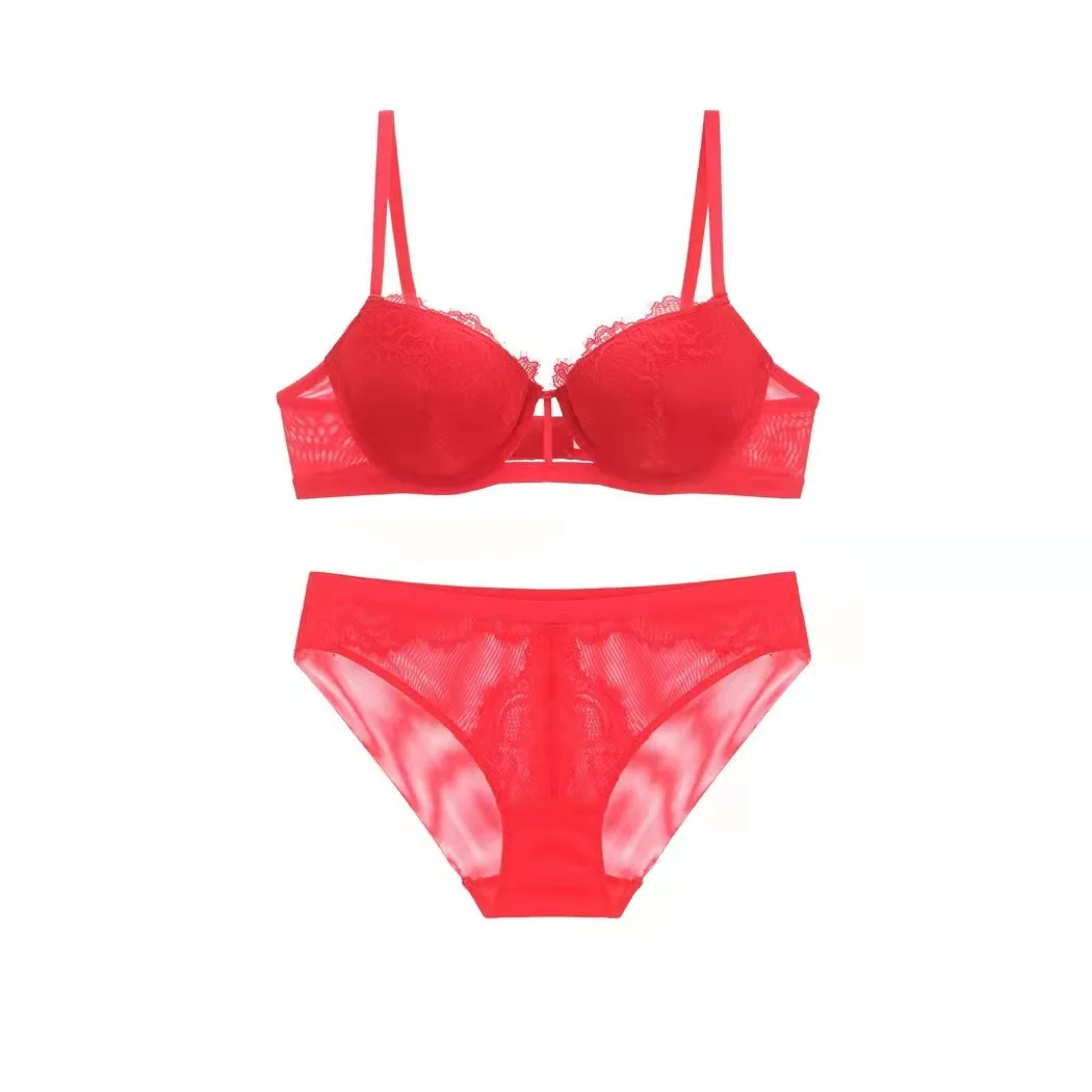 Fashion Red Hollow Out Bra And Panties Set Pure Color Sexy