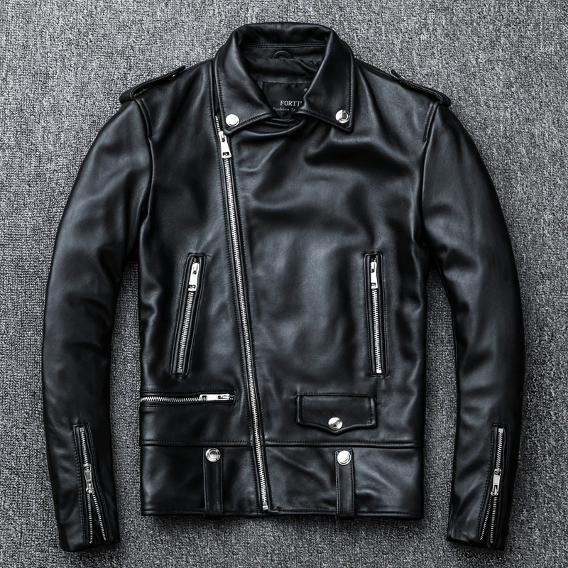 Fashion men real leather jacket classic cool biker sheepskin coat quality slim outwear motor clothes