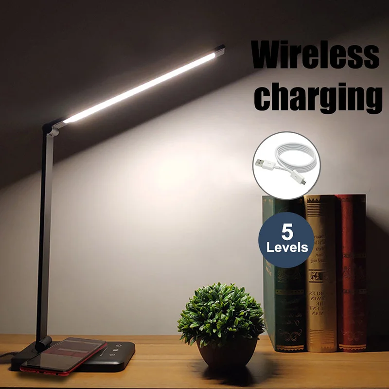 5Lv Wireless Charge Светодиодный светильник для защиты глаз, складной сенсорный переключатель, 3/5 уровень затемнения, USB настольная лампа для чтения, Беспроводная зарядка для мобильного заряда - Цвет корпуса: 5Lv Wireless Charge