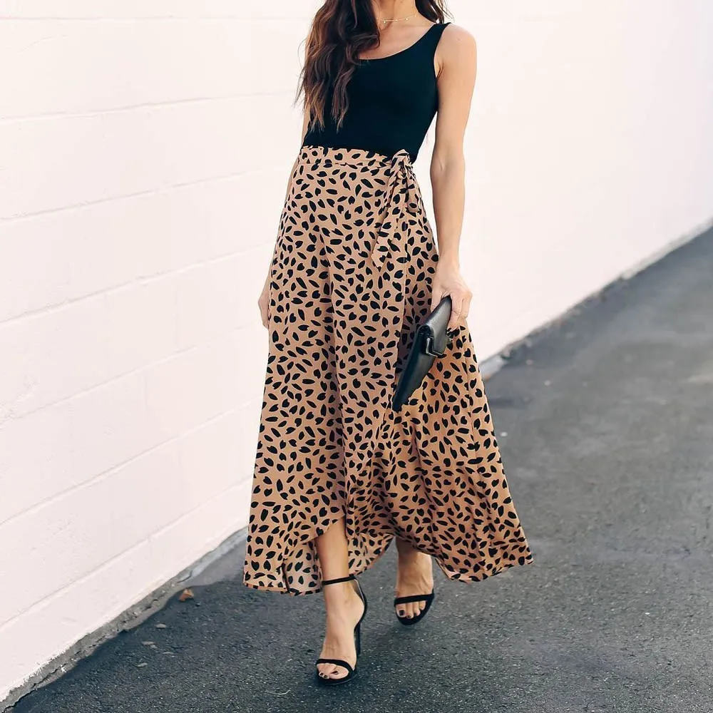 Fashion Women Lace Up Polka Dot Skirt Belt High Waist Split Skirt Asymmetrical Bow Maxi Skirt