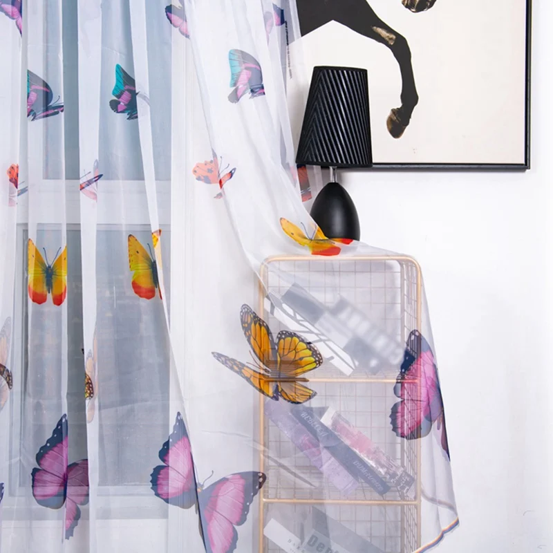 

Colorful Butterfly Tulle on Windows Voile Sheer Curtains for Kitchen Living Room Bedroom Window Screening Drapes