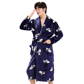 

XIZOU Autumn Winter Mens Pajamas Animal Print Long Sleeve Pyjamas Night Dressing Gown Male Flannel Kimono Bathrobe Sleepwear