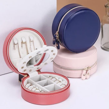 

Round Portable Jewelry Bags Travel Zipper PU Leather Sweet Small Fresh Storage Box Outdoor Travel Accessories