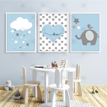 

Cartoon Elephant Star Blue Personalized Nursery Decor New Baby Gift Canvas Painting Wall Art Picture Poster Print Boy Room Decor