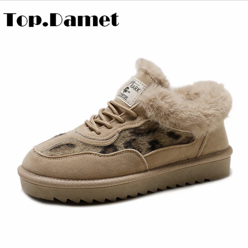 Top. Damet/женские зимние ботинки; Модные ботильоны леопардовой расцветки на шнуровке; сезон осень-зима; Повседневная теплая Женская обувь на плоской подошве с плюшевой стелькой