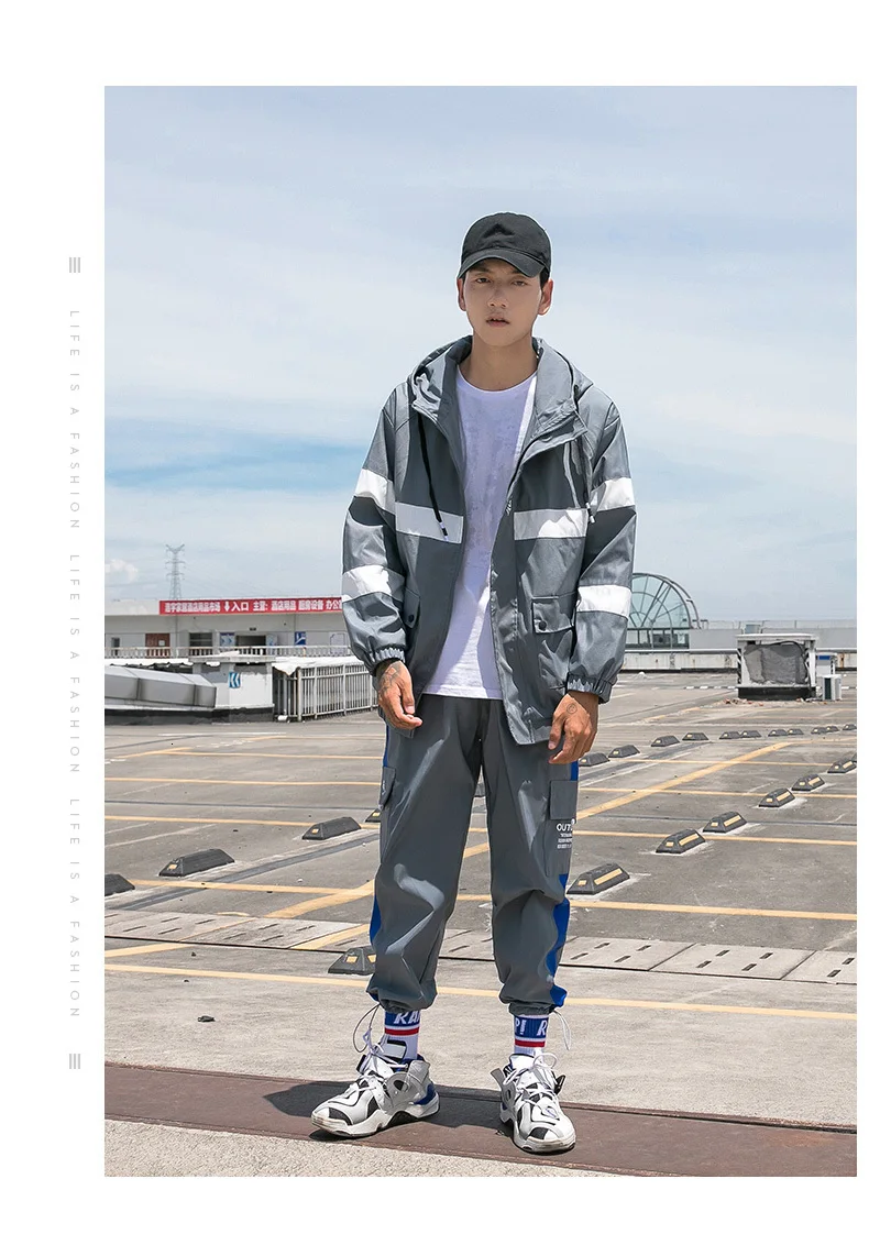Fashion 2 Pieces Sets Mens Fashion Cargo Pullover Tracksuit Jackets Loose Fit Elastic Waist Pants Hip Ropa Deportiva Hombre