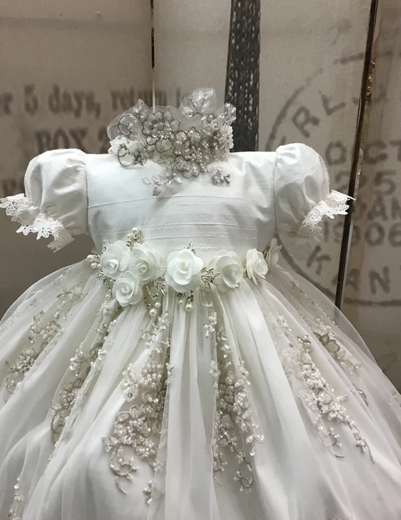 Ivory Vintage Christening Dress Baptism Gowns Lace Toddler Baby In Stock+Bowknot 