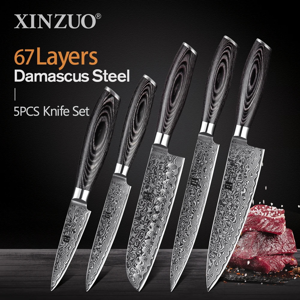 XINZUO 1pcs/5pcs Kitchen Knives Set 67Layer VG10 Japan Damascus Steel Chef Cleaver Santoku Utility Paring Knife Pakkawood Handle